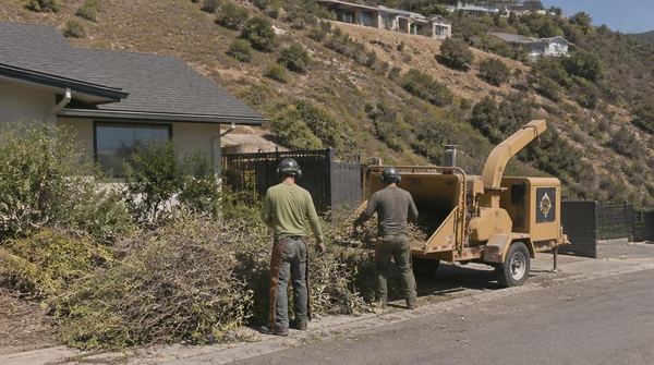 Two person crew feeding cleared brush into a wood chipper beside a hillside home