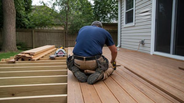 Carpenter fastening deck boards on a partly built backyard deck
