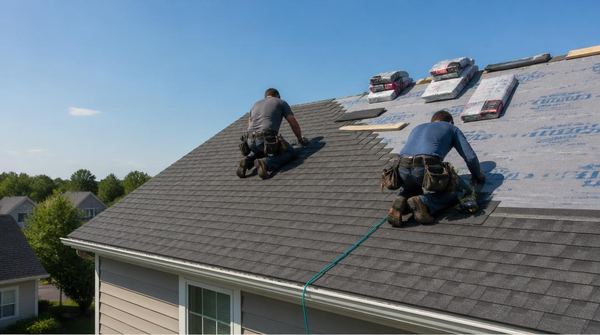 Two roofers installing asphalt shingles on the pitched roof of a house