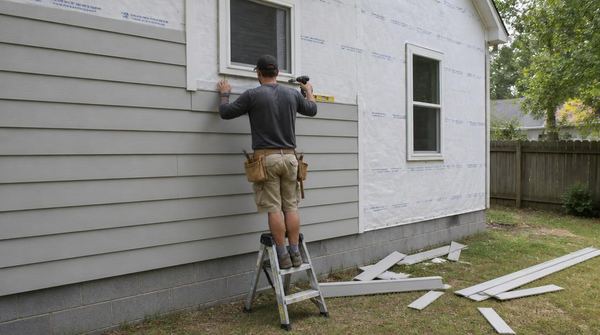 Installer fitting lap siding boards around a window on a house exterior